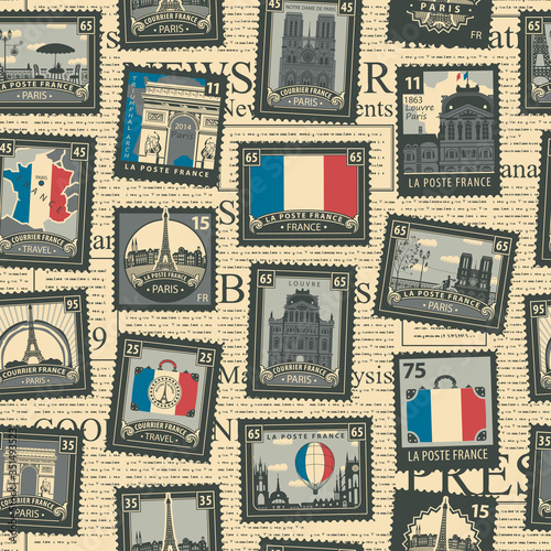Vector seamless pattern with postage stamps on the France and Paris theme in retro style. French landmarks, map and flag on the background of old newspaper page. Wallpaper, wrapping paper, fabric