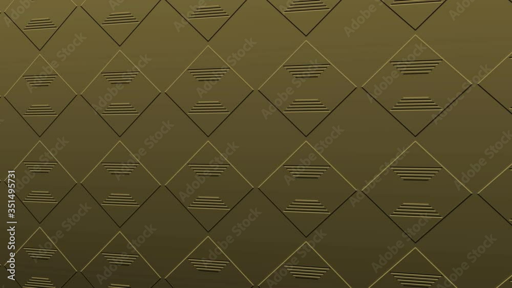 Gold art pattern in bas-relief on a minimal black background, tilted horizontally initially to the left then moves to the right, composed of colored shapes, in 4k 16: 9 video format.
