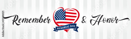 Memorial day, remember & honor with USA flag in heart vintage typography banner. Happy Memorial Day vector calligraphy inscription background in national flag colors