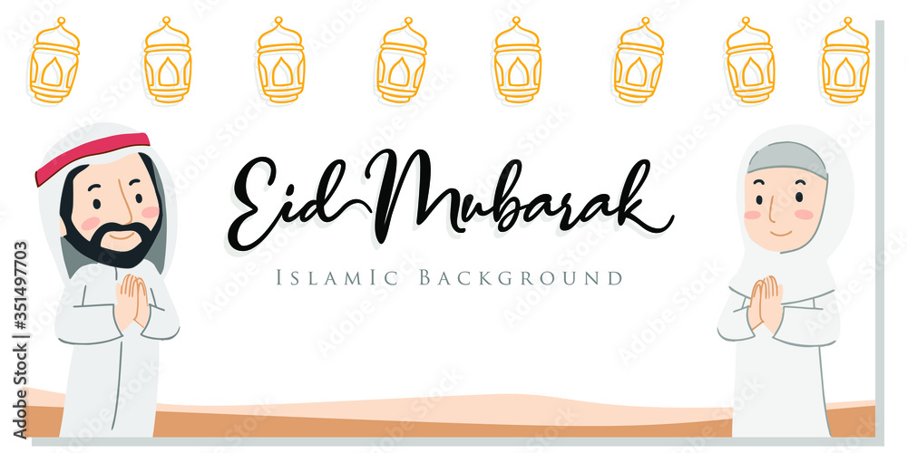Happy eid mubarak with Arabian people character concept. Islamic design for Landing page templates, kids Book Illustration, Banners, Card Invitation, Poster and Social media Happy eid mubarak with Arabian people character concept. Islamic design for Landing page templates, kids Book Illustration, Banners, Card Invitation, Poster and Social media