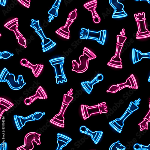 Seamless pattern with neon chess pieces on black background. Chess, strategy, board game concept for wallpaper, wrapping, print. Vector 10 EPS illustration.