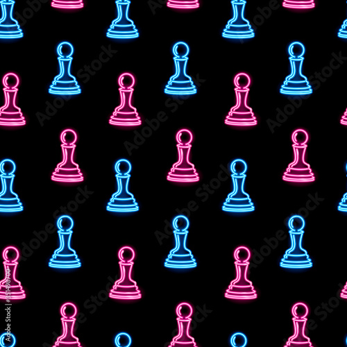 Seamless pattern with neon pawns on black background. Chess, strategy, board game concept for wallpaper, wrapping, print. Vector 10 EPS illustration.