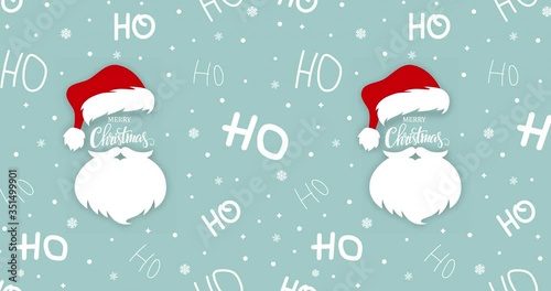 Ho ho ho Santa Claus laugh hat and beard seamless texture pattern blue background. Christmas or New Year. Animation 4K