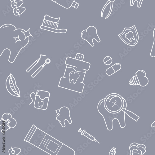 Dentist - Vector background (seamless pattern) of medicine, tooth, toothbrush, toothpaste, caries and floss for graphic design
