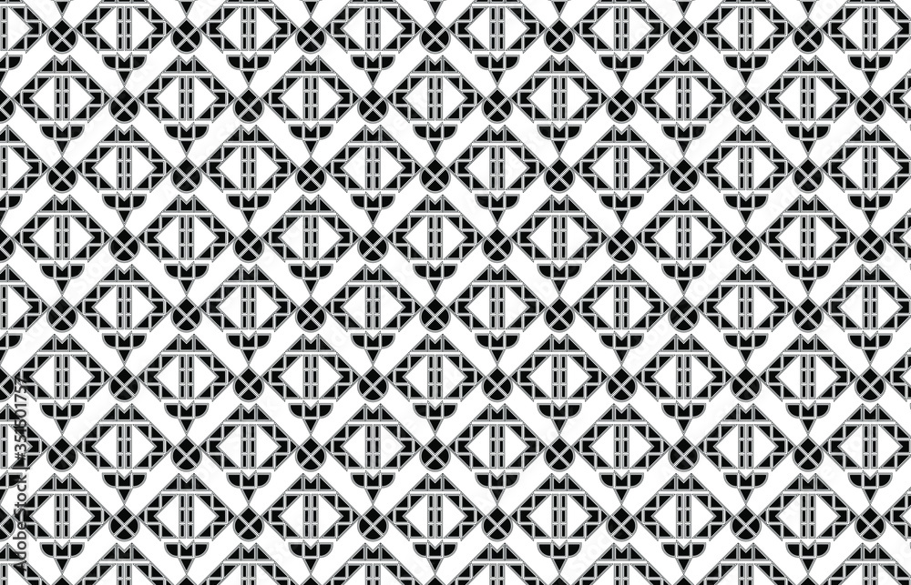 Angular diamond shapes made from squares and triangles in a repeating diagonal ethnic pattern in black and white Angular diamond shapes made from squares and triangles in a repeating diagonal ethnic pattern in black and white