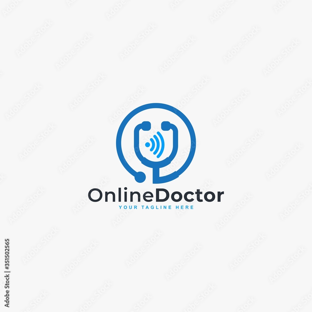 Doctor online virtual services logo design vector. Consultation to doctors via digital remote illustration symbol. Tele medicine service vector logo. Stethoscope and signal vector icons.