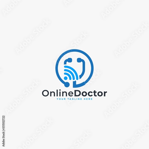 Doctor online virtual services logo design vector. Consultation to doctors via digital remote illustration symbol. Tele medicine service vector logo. Stethoscope and signal vector icons.