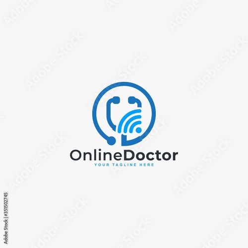 Doctor online virtual services logo design vector. Consultation to doctors via digital remote illustration symbol. Tele medicine service vector logo. Stethoscope and signal vector icons.