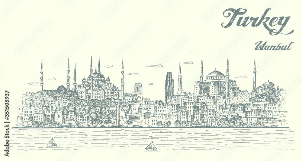 Istanbul city panorama. Hand drawn, isolated vector illustration.
