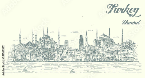 Istanbul city panorama. Hand drawn, isolated vector illustration. 