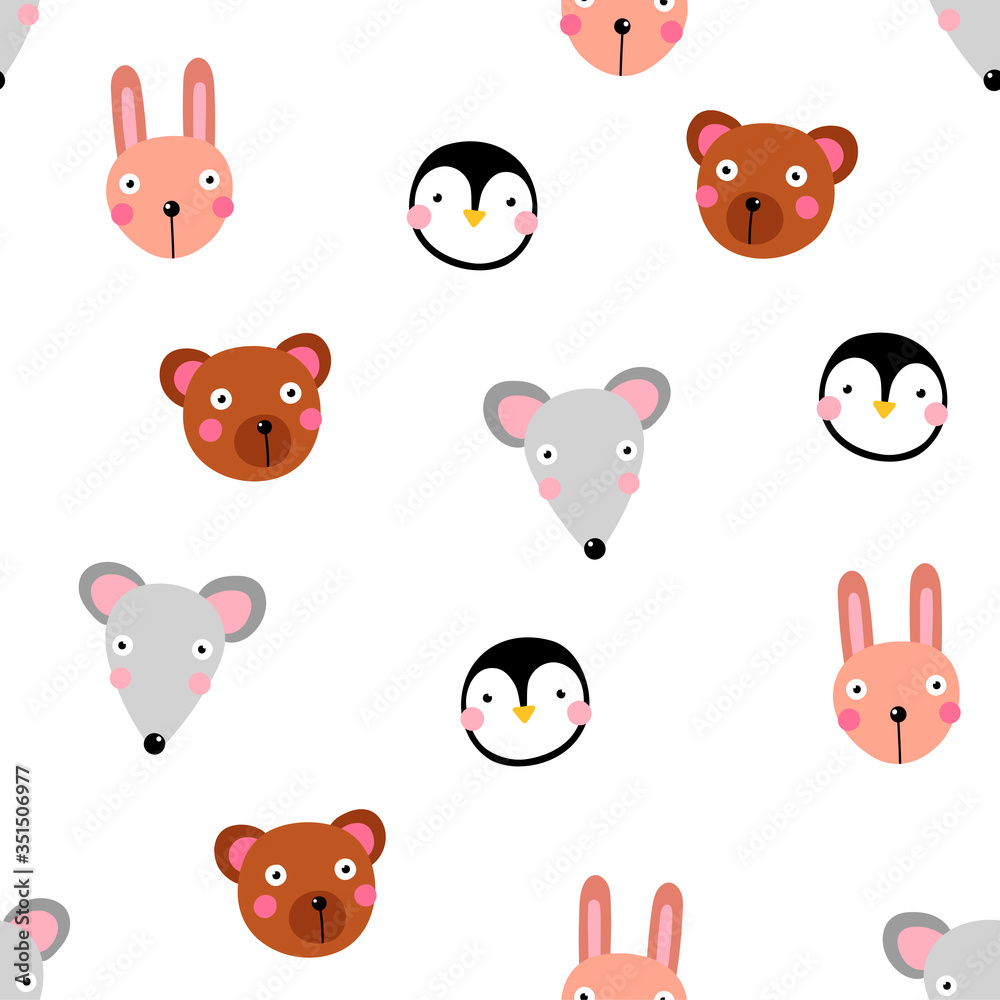 Kawaii animals seamless pattern. Cute rabbit, mouse, penguin, bear with funny face isolated on white background. Vector characters emoji, childrens clothes prints, textile, mascot wallpaper collection Kawaii animals seamless pattern. Cute rabbit, mouse, penguin, bear with funny face isolated on white background. Vector characters emoji, childrens clothes prints, textile, mascot wallpaper collection