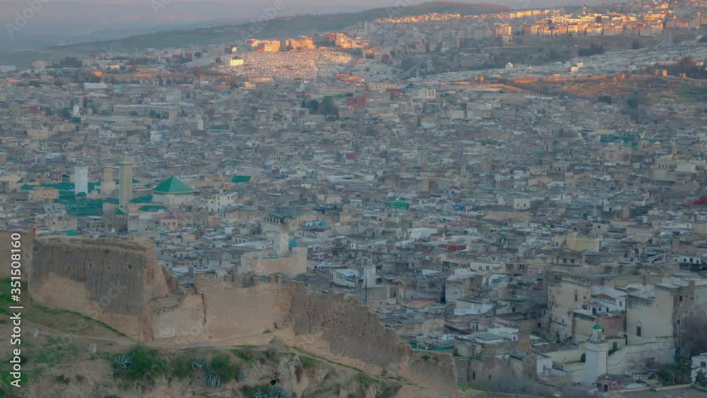 Oriental city downtown hyper zoom in sunset timelapse, Fez, Morocco Oriental city downtown hyper zoom in sunset timelapse, Fez, Morocco