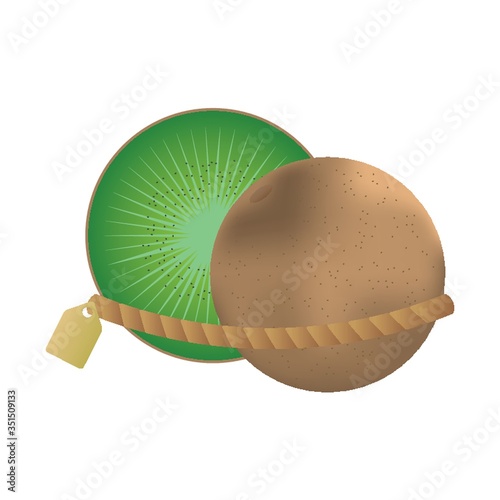 kiwi fruit tied up with tag