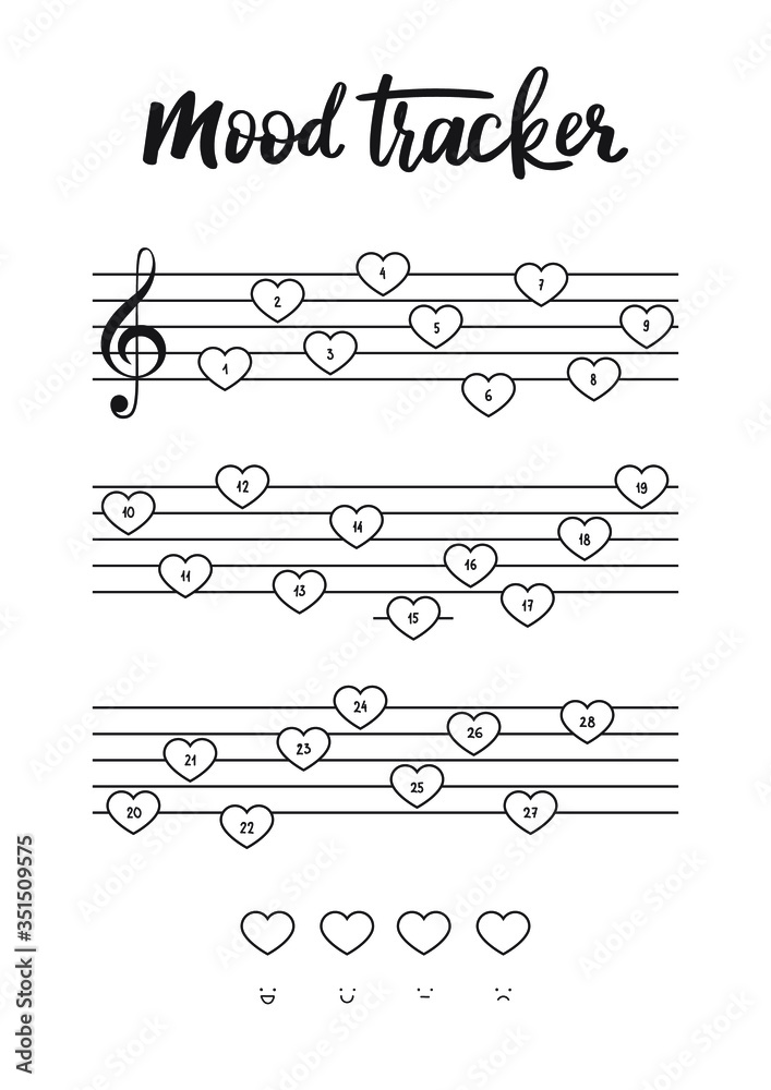 Mood Tracker for A4 Print on February. Hearts on the sheet music. Tracker for tracking your daily mood for 28 days