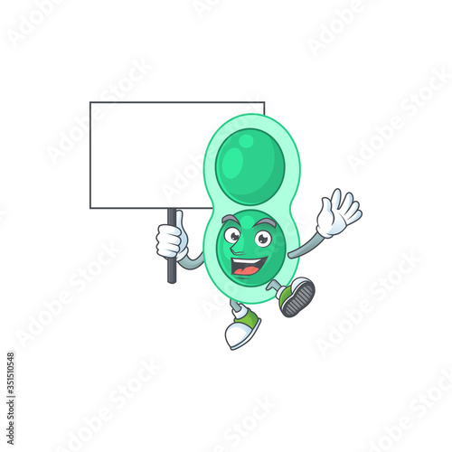 Cute green streptococcus pneumoniae mascot design smiley with rise up a board