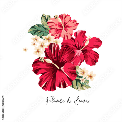Tropical flowers, jungle leaves, hibiscus, flower. Exotic illustrations, floral elements isolated artwork for tattoo, fabrics, souvenirs, packaging, greeting cards and scrapbooking.