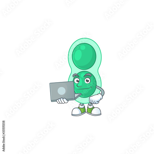 Diligent green streptococcus pneumoniae cartoon drawing concept working from home with laptop