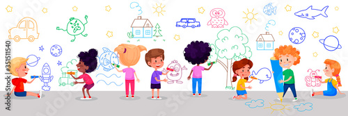 Kids characters are drawing on white walls. Children international day. Summer children activities. Vector illustrations.