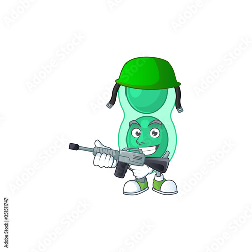 A mascot design picture of green streptococcus pneumoniae as a dedicated Army using automatic gun