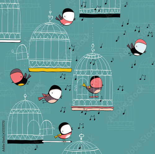 Birds and cages on music background. Cartoon set. EPS10 vector file.
