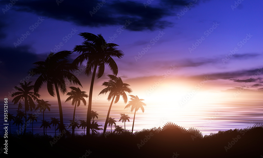 Night landscape with palm trees, against the backdrop of a neon sunset, stars. Silhouette coconut palm trees on beach at sunset. Vintage tone. Futuristic landscape. Neon palm tree. Tropical sunset.