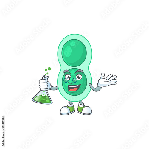 Green streptococcus pneumoniae smart Professor Cartoon character holding glass tube on the lab