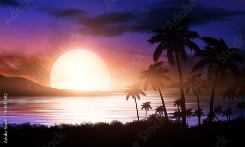 Night landscape with palm trees, against the backdrop of a neon sunset, stars. Silhouette coconut palm trees on beach at sunset. Vintage tone. Futuristic landscape. Neon palm tree. Tropical sunset. © MiaStendal