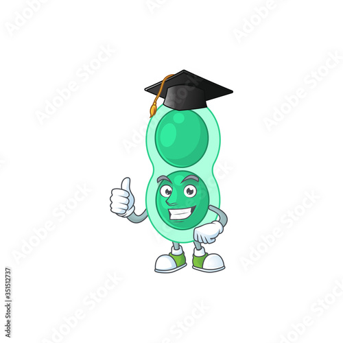 Happy face Mascot design concept of green streptococcus pneumoniae wearing a Graduation hat