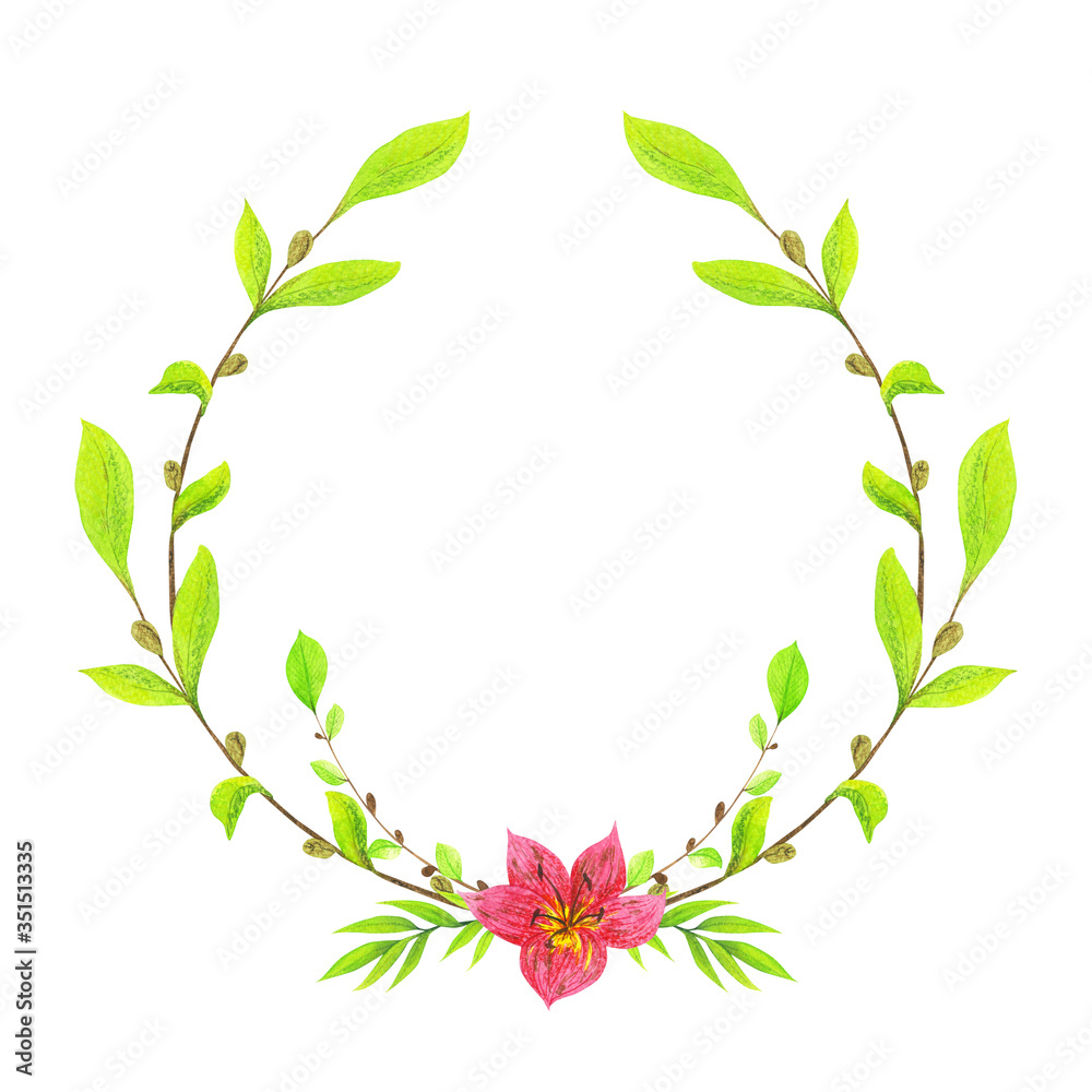 Fototapeta premium Watercolor wreath of bright spring greenery and a red flower in the center.