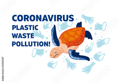 Web template Coronavirus plastic waste pollution! Vector flat illustration for World Environment Day. A sea turtle swims in sea with garbage - in water are face masks; latex gloves; medical waste