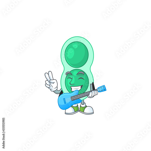 Green streptococcus pneumoniae cartoon character style plays music with a guitar