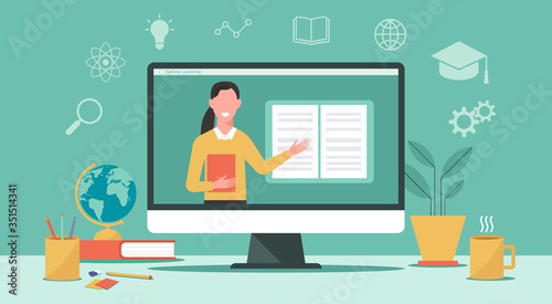 E-learning or online education, home school, woman teacher teaching on laptop computer screen, distance learning, online course concept, new normal, vector flat illustration