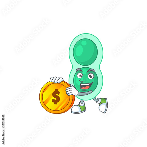 cartoon picture of green streptococcus pneumoniae rich character with a big gold coin