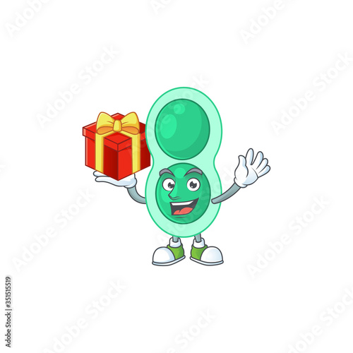 Green streptococcus pneumoniae cartoon mascot concept design with a red box of gift