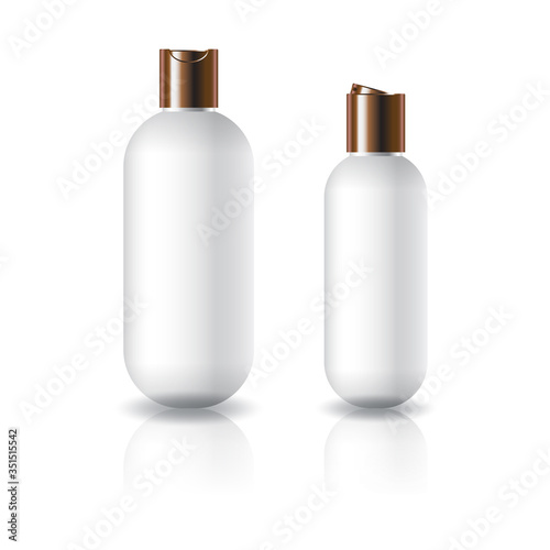 2 sizes of white oval round cosmetic bottle with copper push on cap.