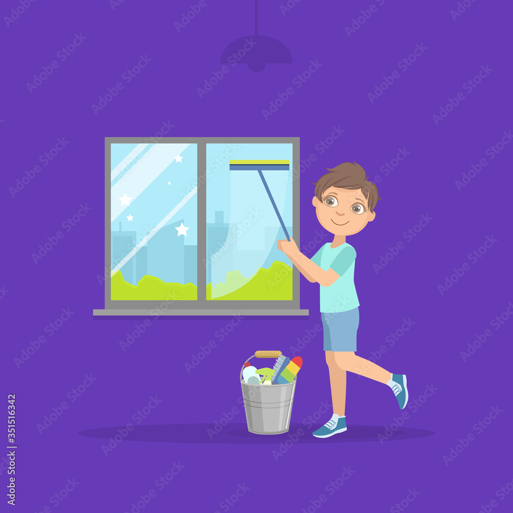 Cute Boy Cleaning Window with Squeegee, Child Doing Household Chores Flat Vector Illustration Cute Boy Cleaning Window with Squeegee, Child Doing Household Chores Flat Vector Illustration