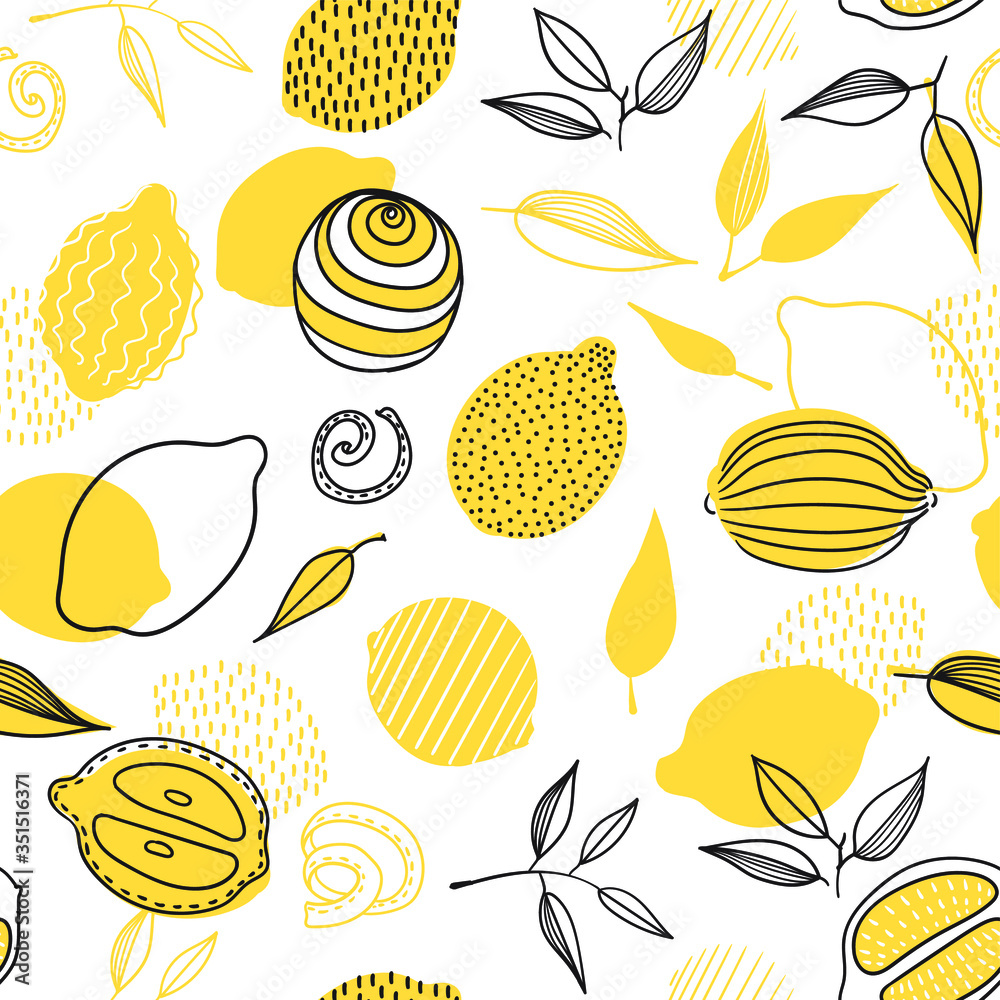 Tropical seamless pattern with yellow lemons and lemon slices. Hand ...