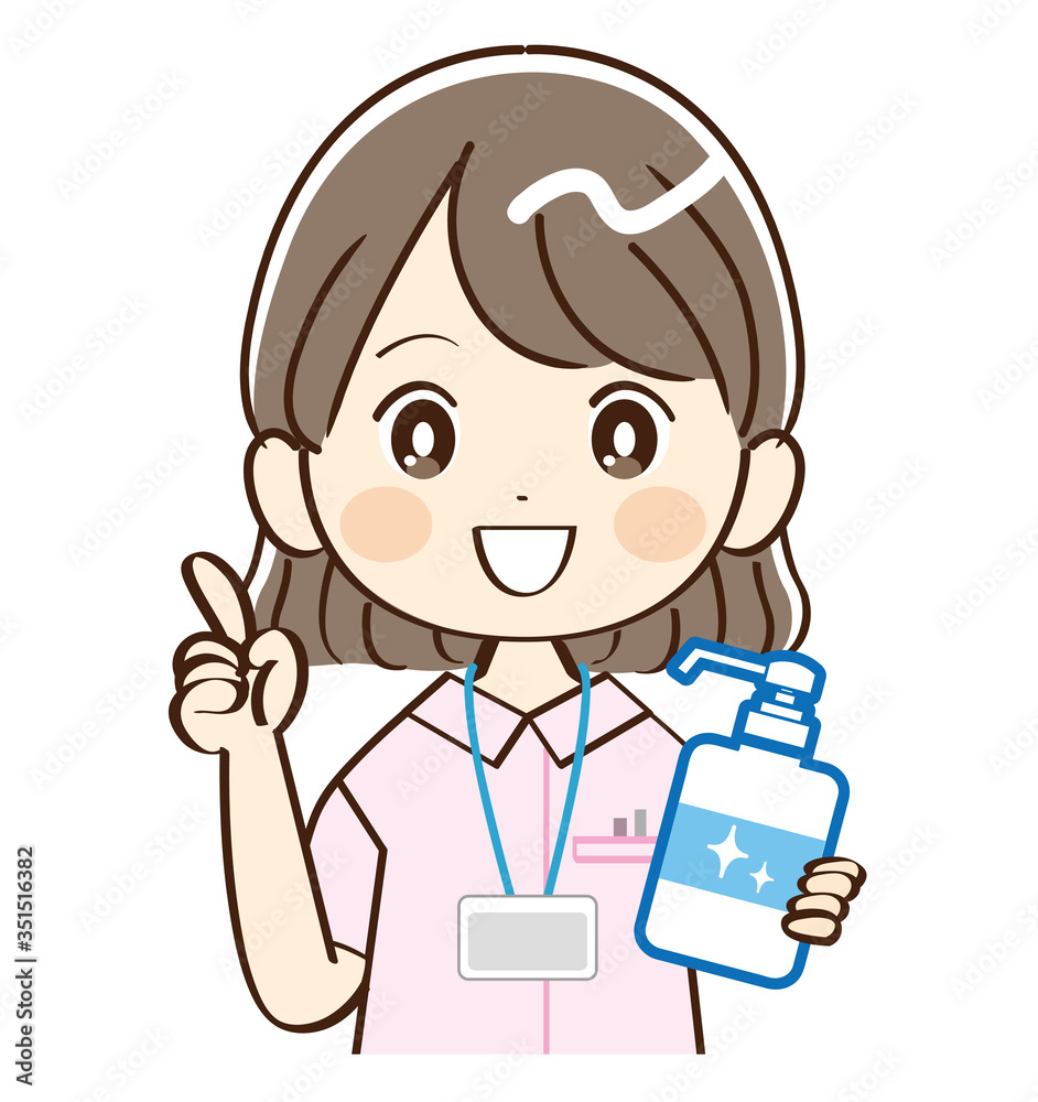 女性、看護師、アルコール消毒 女性、看護師、アルコール消毒