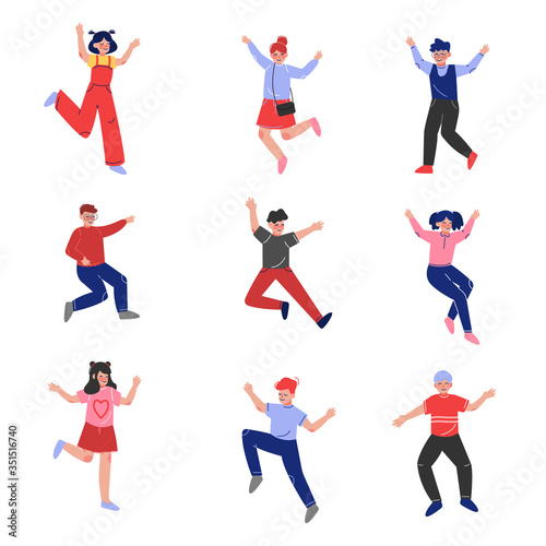 Smiling Teen Boys and Girls Happily Jumping Collection  Emotional School Children Having Fun Vector Illustration