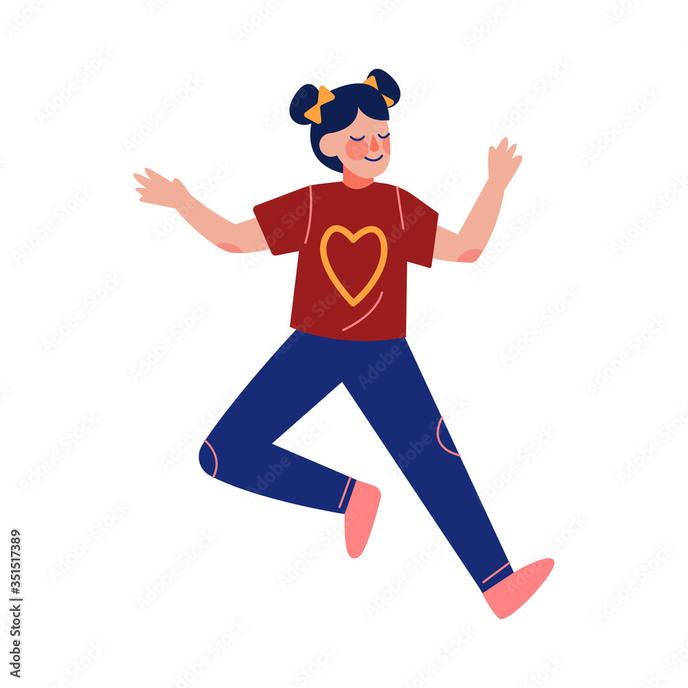 Smiling Teenager Girl Happily Jumping, Emotional Schoolgirl Having Fun Vector Illustration