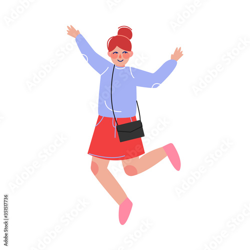 Teen Girl Happily Jumping, Excited Schoolgirl Having Fun Vector Illustration