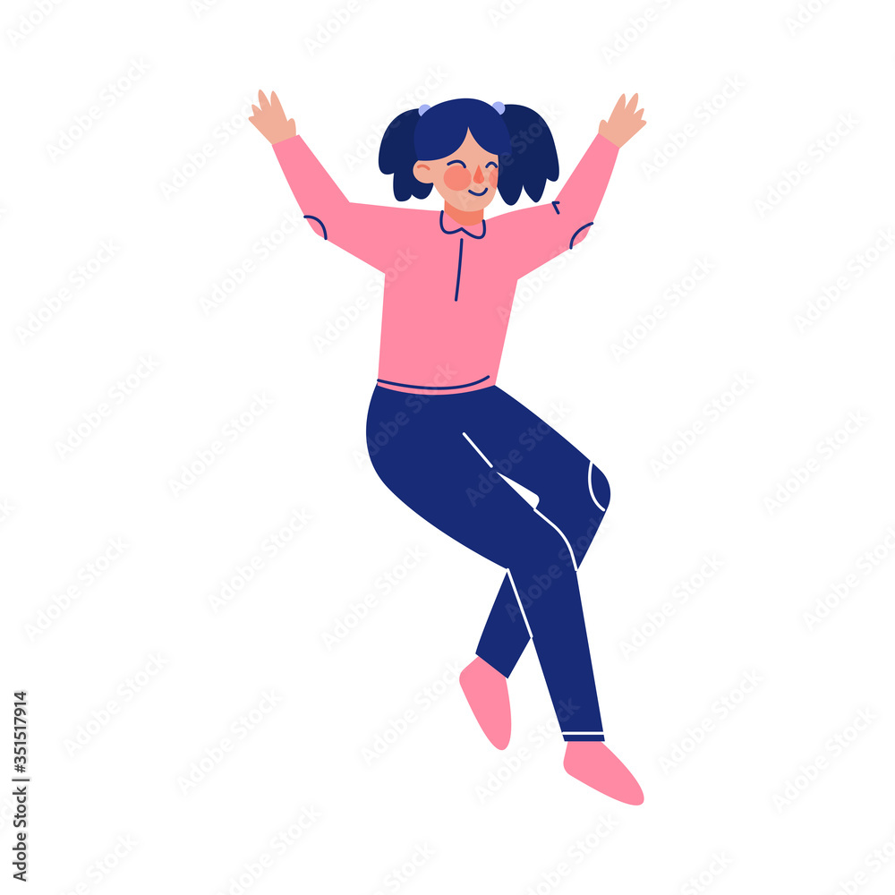 Fototapeta premium Cute Brunette Teen Girl Happily Jumping, Excited Schoolgirl Having Fun Vector Illustration