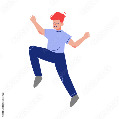 Teen Boy Happily Jumping, Cute Happy Schoolboy Having Fun Vector Illustration