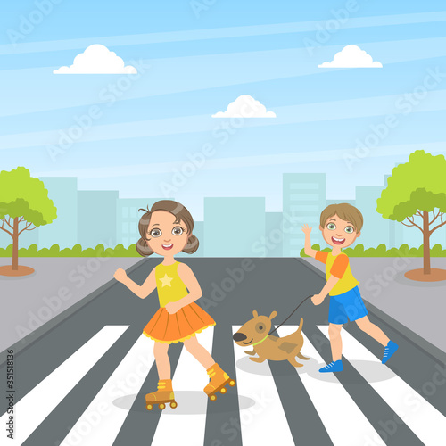 Cute Kids and Dog Using Cross Walk to Cross Street, Children Walking on the Street Vector Illustration
