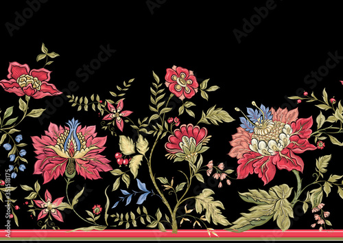Seamless pattern with stylized ornamental flowers in retro, vintage style. Jacobin embroidery imitation. Colored vector illustration on black background.