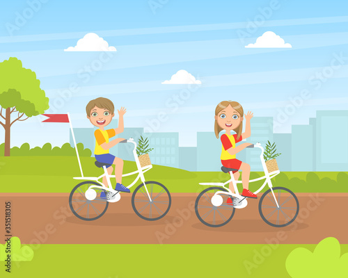 Cute Boy and Girl Riding Bikes, Children Walking on the Street Vector Illustration