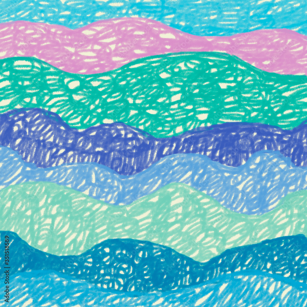 Sea background. Doodle texture of ocean waves. Crayon drawing. Kids style illustration. Free hand drawing. Blue, green, pink, violet colors.
