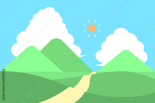 風景 太陽、青空、雲、山、丘、道