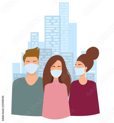 A crowd of masked people in the city. Women and men protect themselves from infection. Coronavirus pandemic.