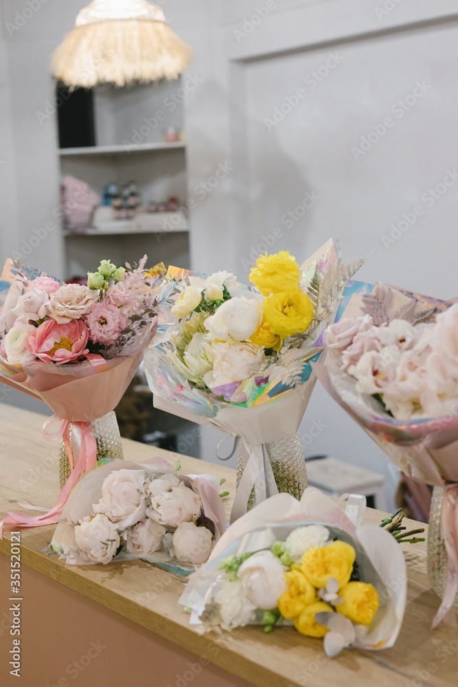 Five beautiful bouquets of flowers. Flower shop concept. Stylish bouquets of flowers. Five beautiful bouquets of flowers. Flower shop concept. Stylish bouquets of flowers.